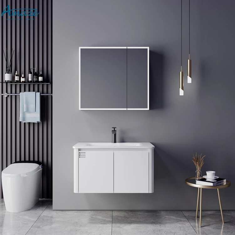 Ensemble de meubles de bain en bois blanc avec miroir, évier suspendu, armoire, vanité murale, design moderne, nouveau, 2024