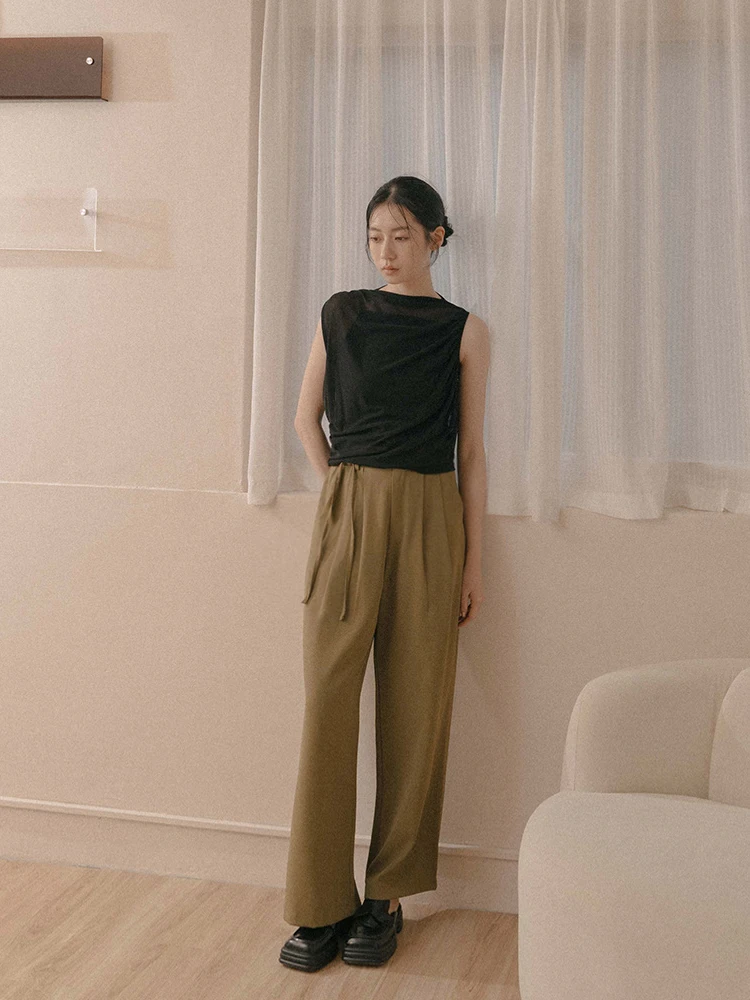 

Queenop Spring Summer Women's Suit Pants High Waist Straight Leg een Color Tie Design Simple Surface Texture