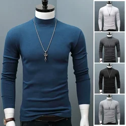 New Winter Warm Men Mock Neck Basic Plain T-shirt Blouse Pullover Long Sleeve Top Fashion Male Outwear Slim Fit Stretch Sweater