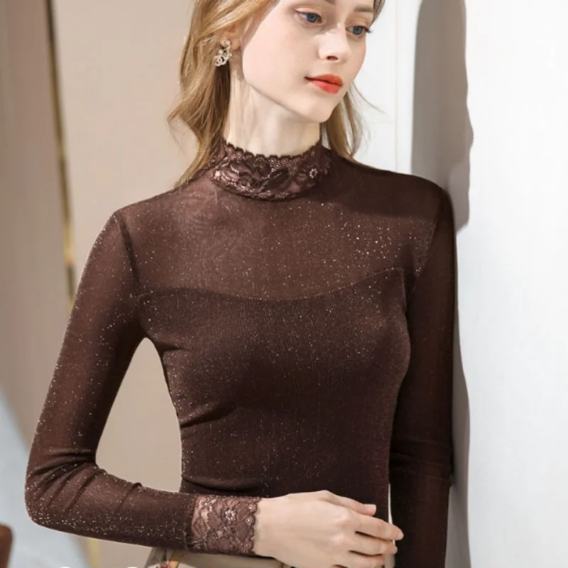 New 2023 Fall Half High Collar Mesh Women Underlay Overlay Long Sleeve T-shirt with Lace Female Style Top