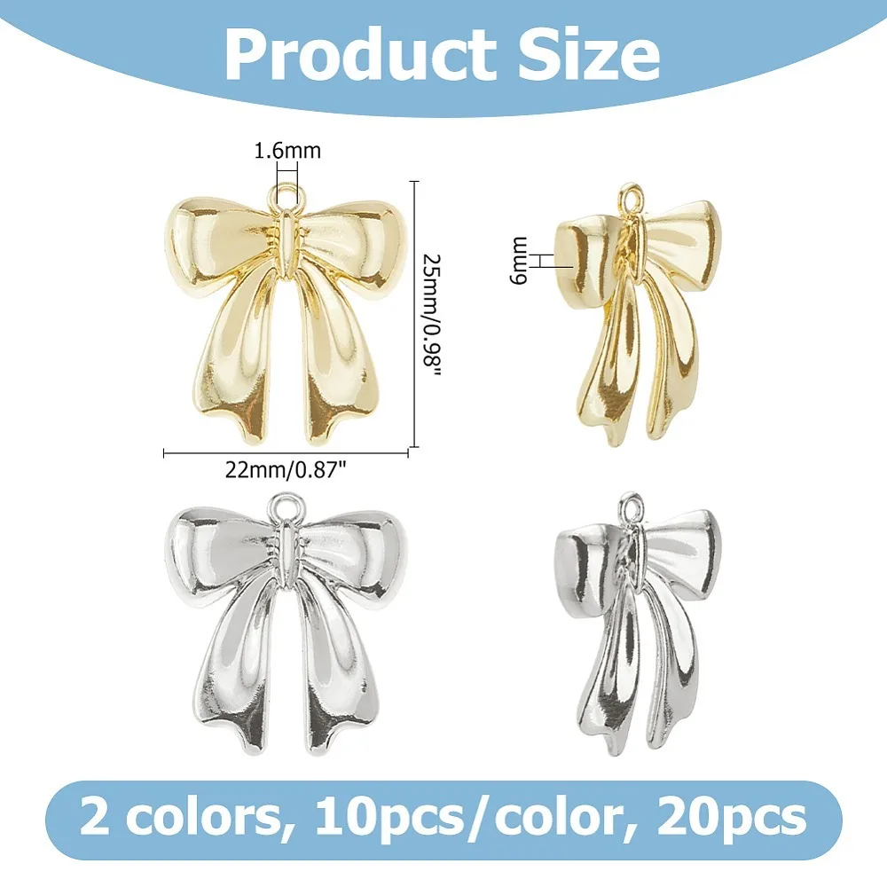 

20Pcs 2 Colors Alloy Pendants Bowknot Charms Mixed Color 25x22x6mm Hole: 1.6mm 10pcs/color