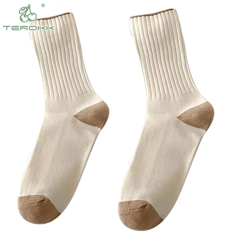 Cream Socks Women Korean Style Simple Solid Color Women Socks Japanese Fashion Harajuku School Girls Knitting Cotton Long Socks