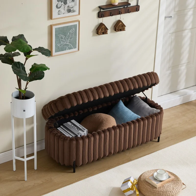 #Durable Modern Brown Faux Fur Flip Top Storage Bench Bed End Stool Foot Rest For Bedroom Living Room