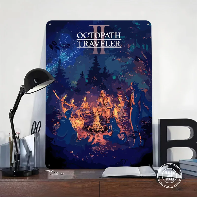 Octopath Traveler II Characters Around Campfire Poster Retro 3D Printed Metal Signs Customized Wall Hanging Gift for Decor Room