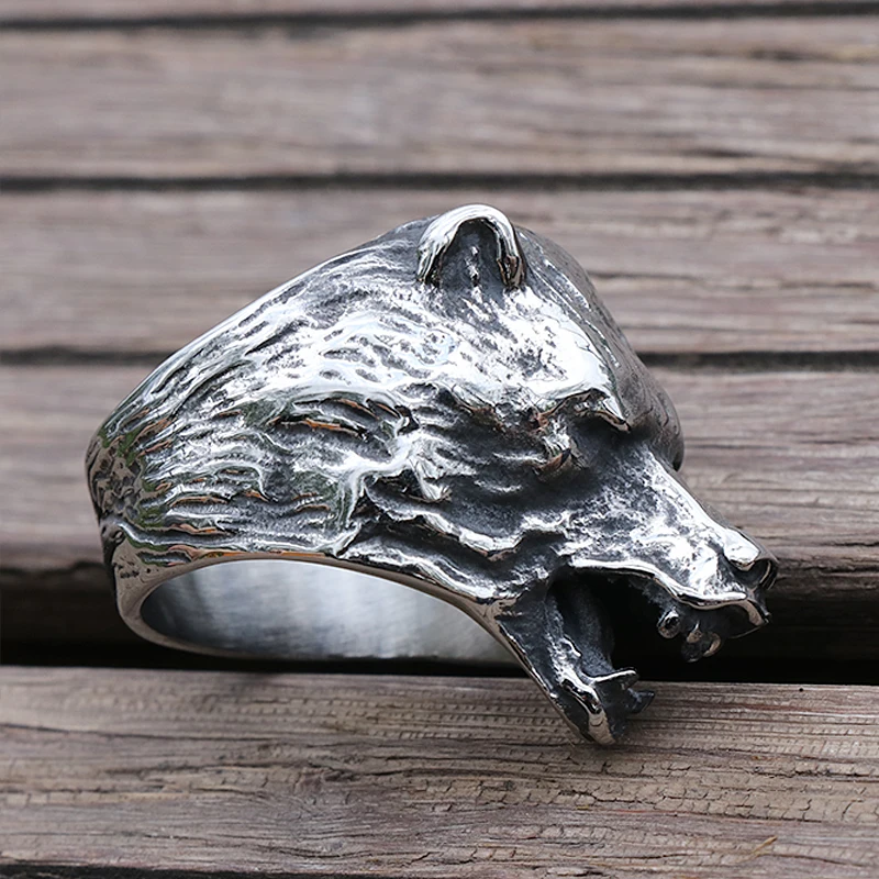 Cool Viking Bear Head Ring Men\'s Slavic Bear Berserk Stainless Steel Biker Rings Male Punk Animal Ring Nordic Amulet Jewelry