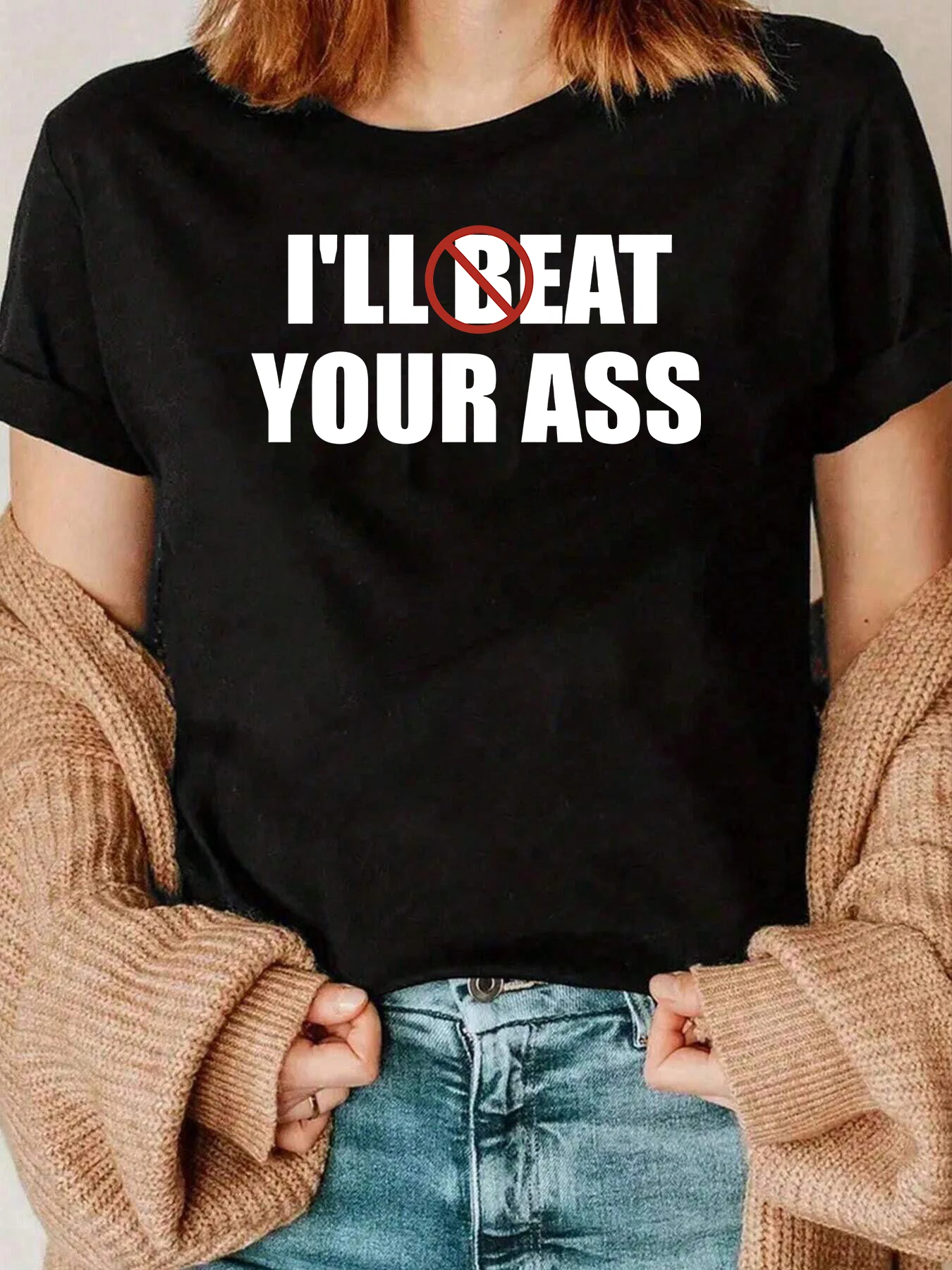 تي شيرت كاجوال برسوم جرافيك من Ill Beat Your Ass للارتداء اليومي للنساء 220 جرام