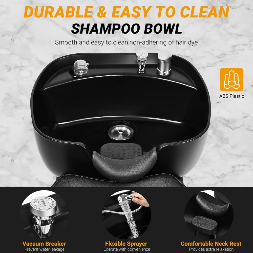 Shampoo Bowl and Chair Set for Salon,ABS Plastic Shampoo Bowl Sink Unit w/Independent Footrest for Beauty Spa Barbershop