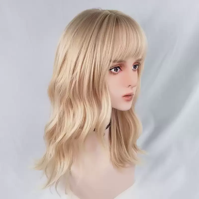 Platinum Blonde Clavicle Short Wavy Wig,Full Head Synthetic Wig,Heat Resistant Egg Roll Hair for JK Lolita Girl Group Daily Wear