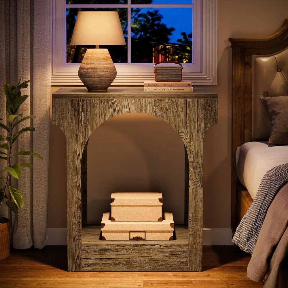 

23.6 in. Light Brown Short Rectangle Wood End Table with Storage Space, Nightstand for Bedroom, Living Room