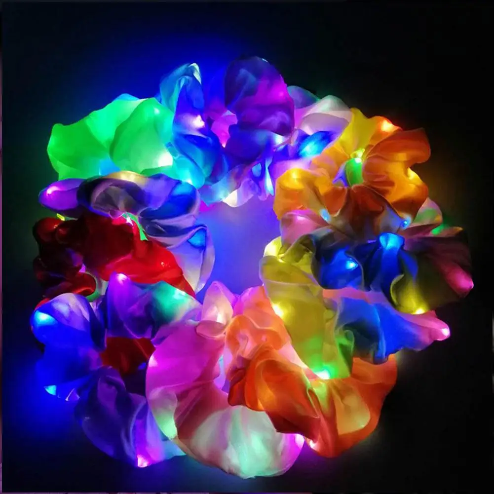 LED Light Hair Scrunchie Satin Elastic Hair Bands Ties Ropes For Women Girls Halloween Christmas Glow In The Dark Party Supplies