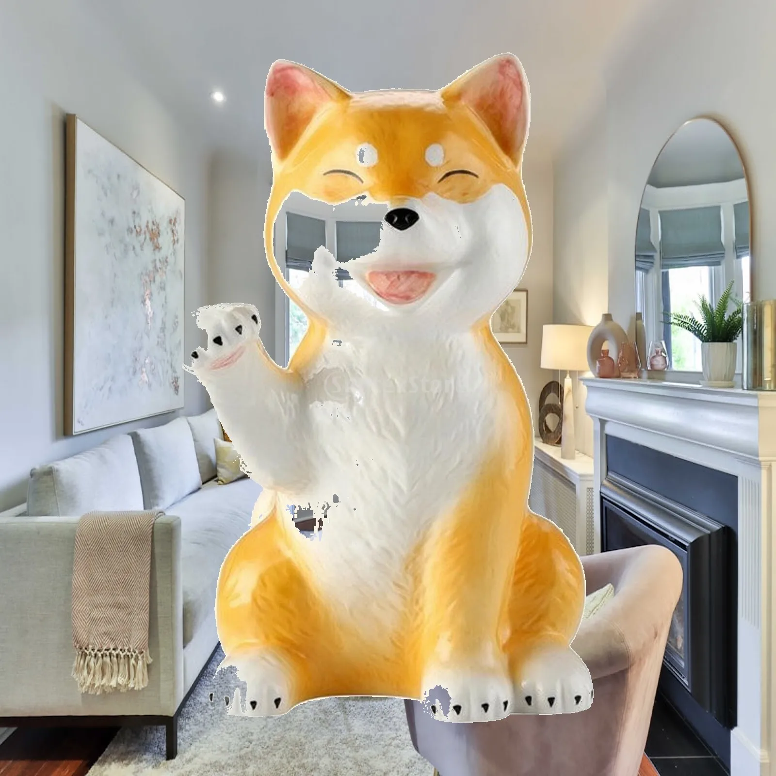 Japanese Spitz Dog Statue with Scarf Glossy Seated Dog Figurine with Anti-Slip Pad Large Raised-Paw Ceramic Dog Statue for