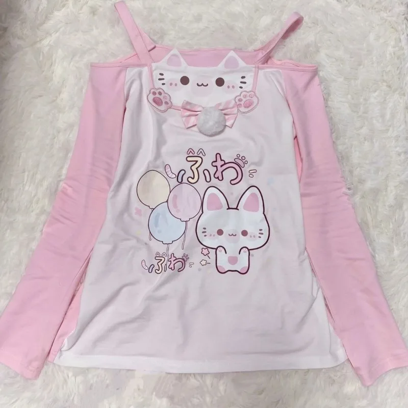 

Japanese Soft Girl Cute Otaku Cat Paradise Pink Slim Off-Shoulder Strapless Top with Fake Two-Piece Straps Pure Desire T-Shirt