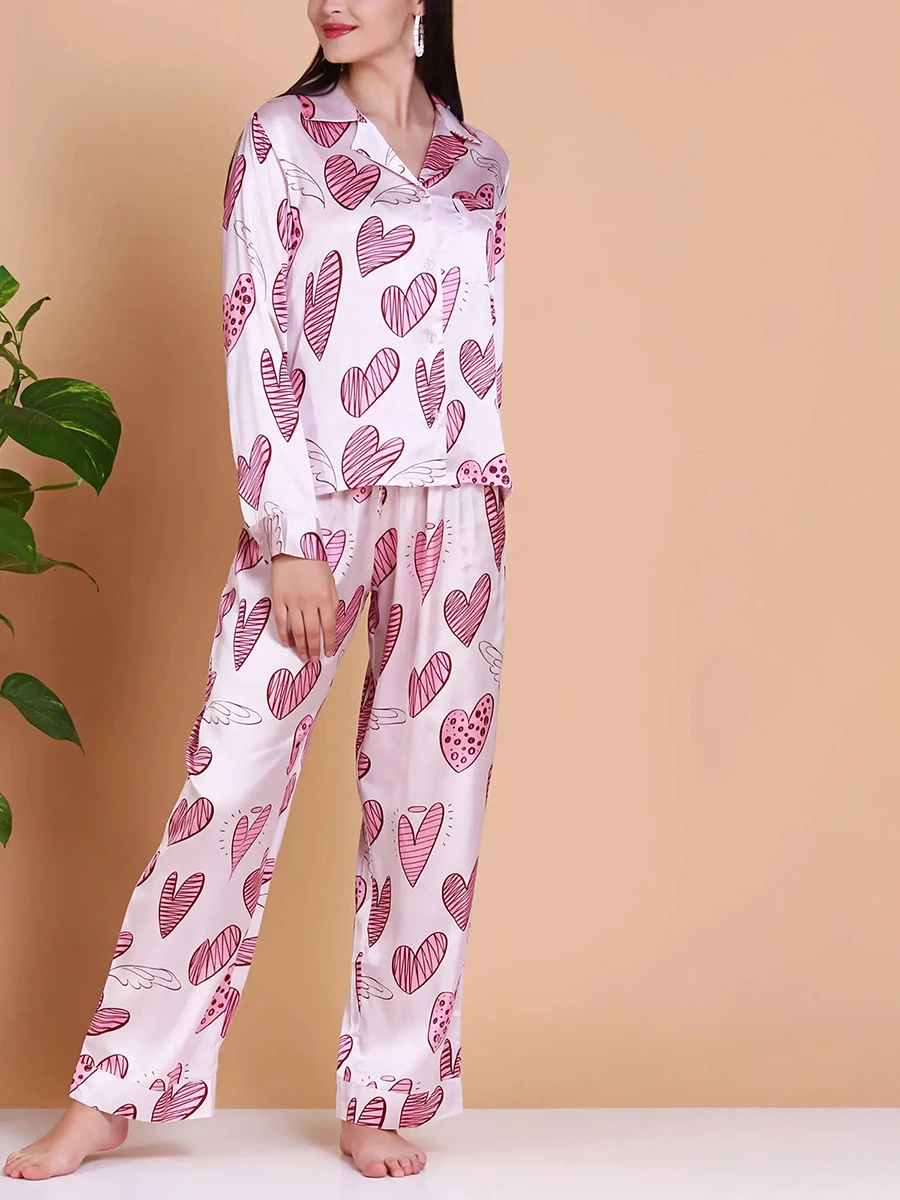

Women Pajama Set, Heart/Donut Print Long Sleeve Shirt with Pants Sleepwear Loungewear