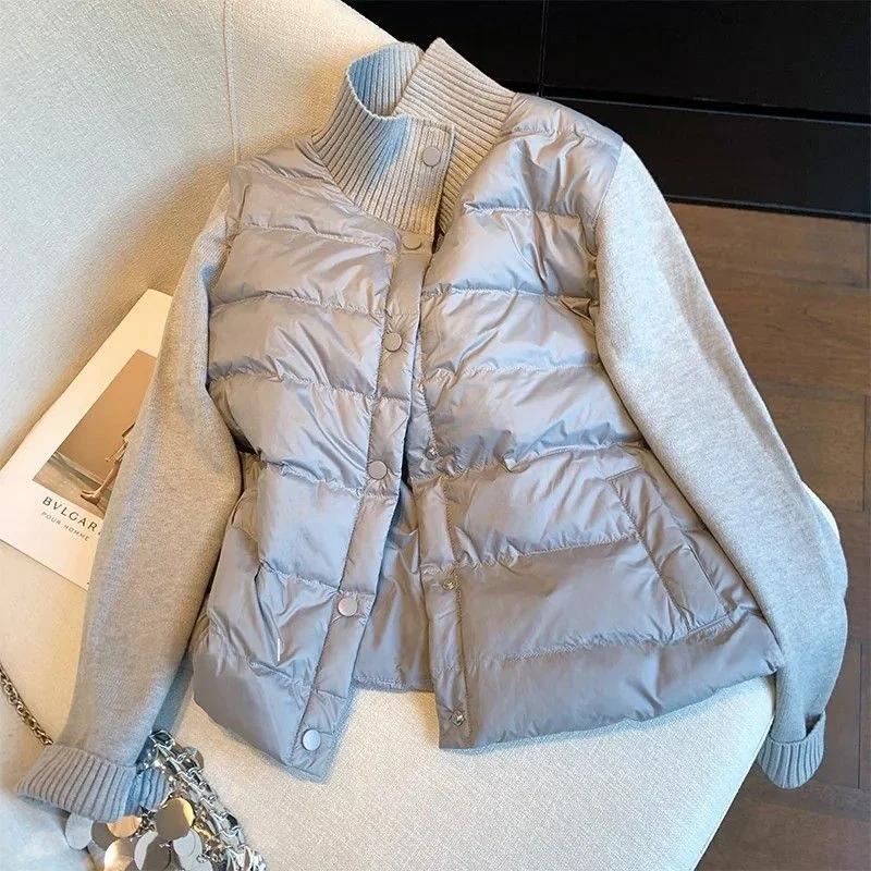 Lightweight Warm Grey Knitted Patchwork Stand Collar Cotton Jacket Women's 2026 Autumn Winter New High-End Feel Casual Style Top