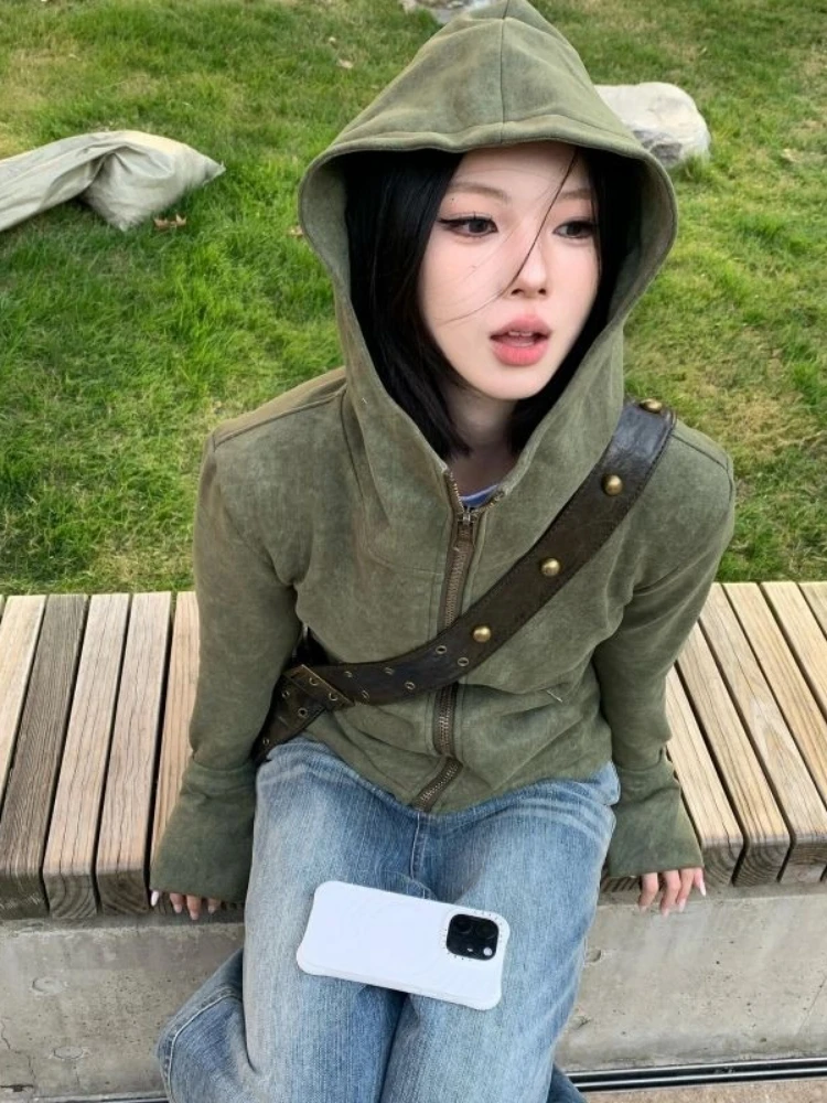 Streetwear vintage verde harajuku hoodies feminino estilo preppy casual solto ​ Moletom com capuz Y2k estético Grunge com zíper
