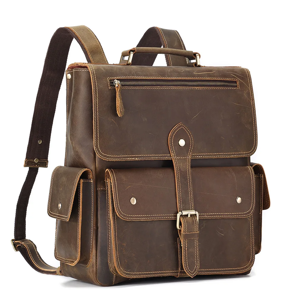 Men's Genuine Cowhide Backpack Vintage Commuter Bag Large Capacity Casual Travel Rucksack Daypack Leather School Bag