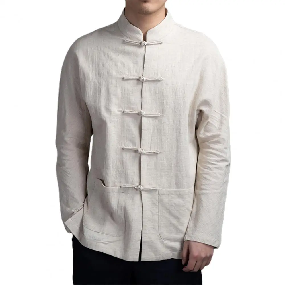 Camisa de manga longa estilo tradicional chinês masculina com gola, leve, respirável, Kung Fu