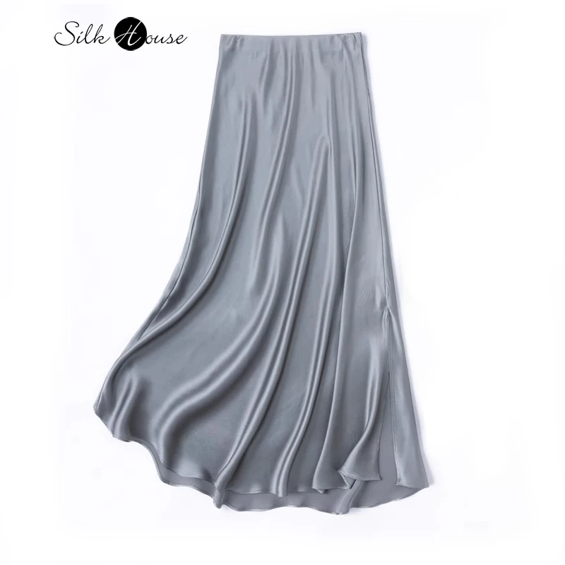 2025 Women's Fashion Spring Extended Galaxy Grey 100% Natural Mulberry Silk Crepe Satin Single Side Split Hip Wrapping Skirt