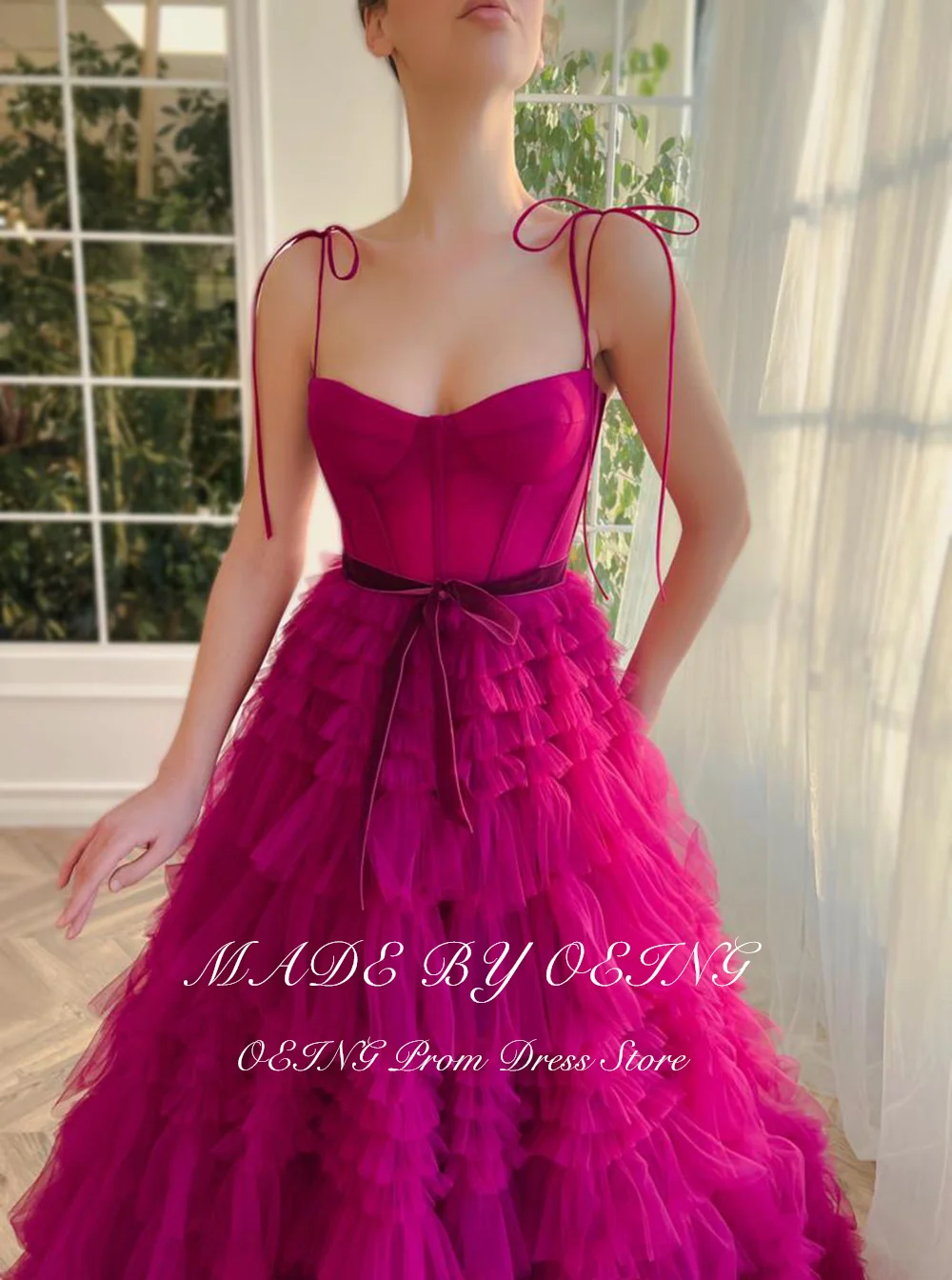 OEING Fucsia A-Line Prom Dresses, cinta princesa Spaghetti, tule decote V, vestido de noite em camadas, vestido formal, fada