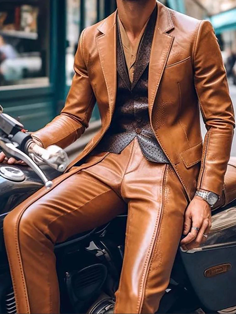 

Men's British Pu Leather Elegant Suit Set Single-Breasted Lapel Casual High Street Business Suit Blazer And Straight Pant Suits