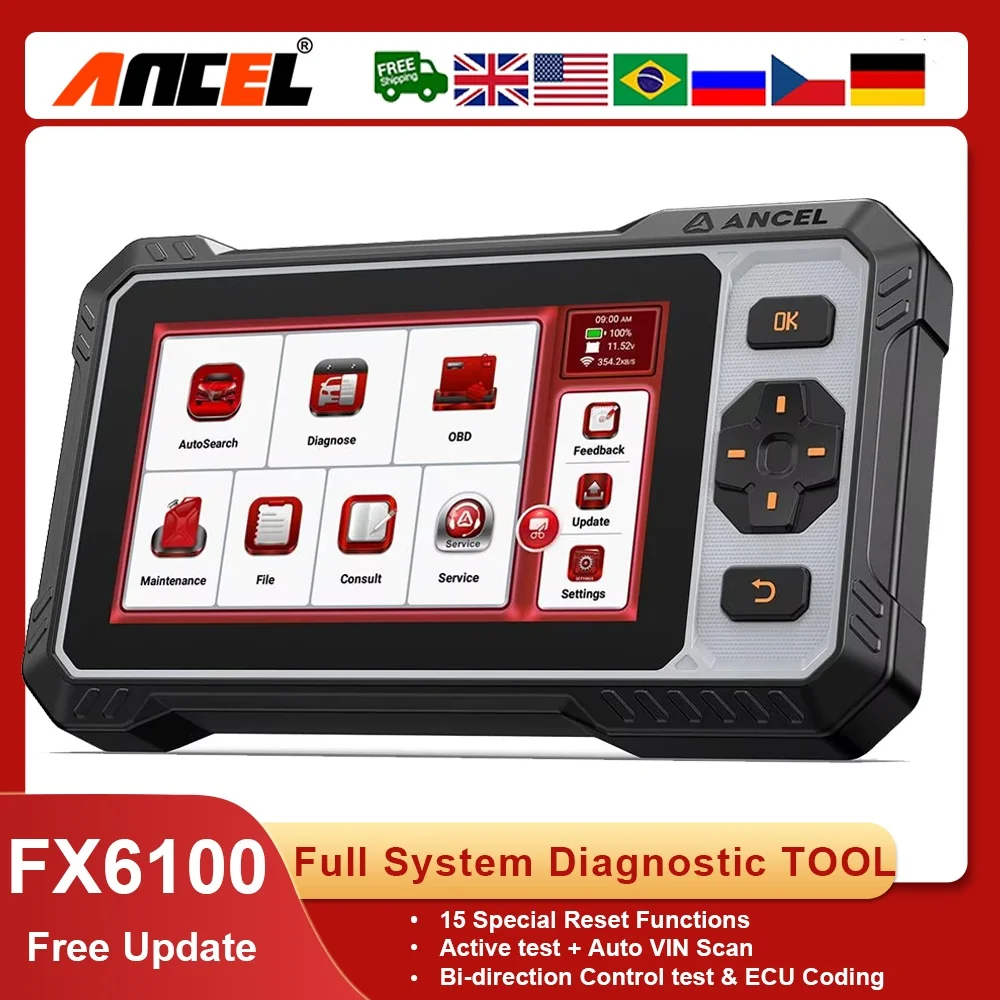 أحدث إصدار ANCEL FX6100 Obd2 الماسح الضوئي التلقائي 15 + وظائف خاصة الاختبار النشط 20 + لغات DPF obdii أداة تشخيص المسح الضوئي