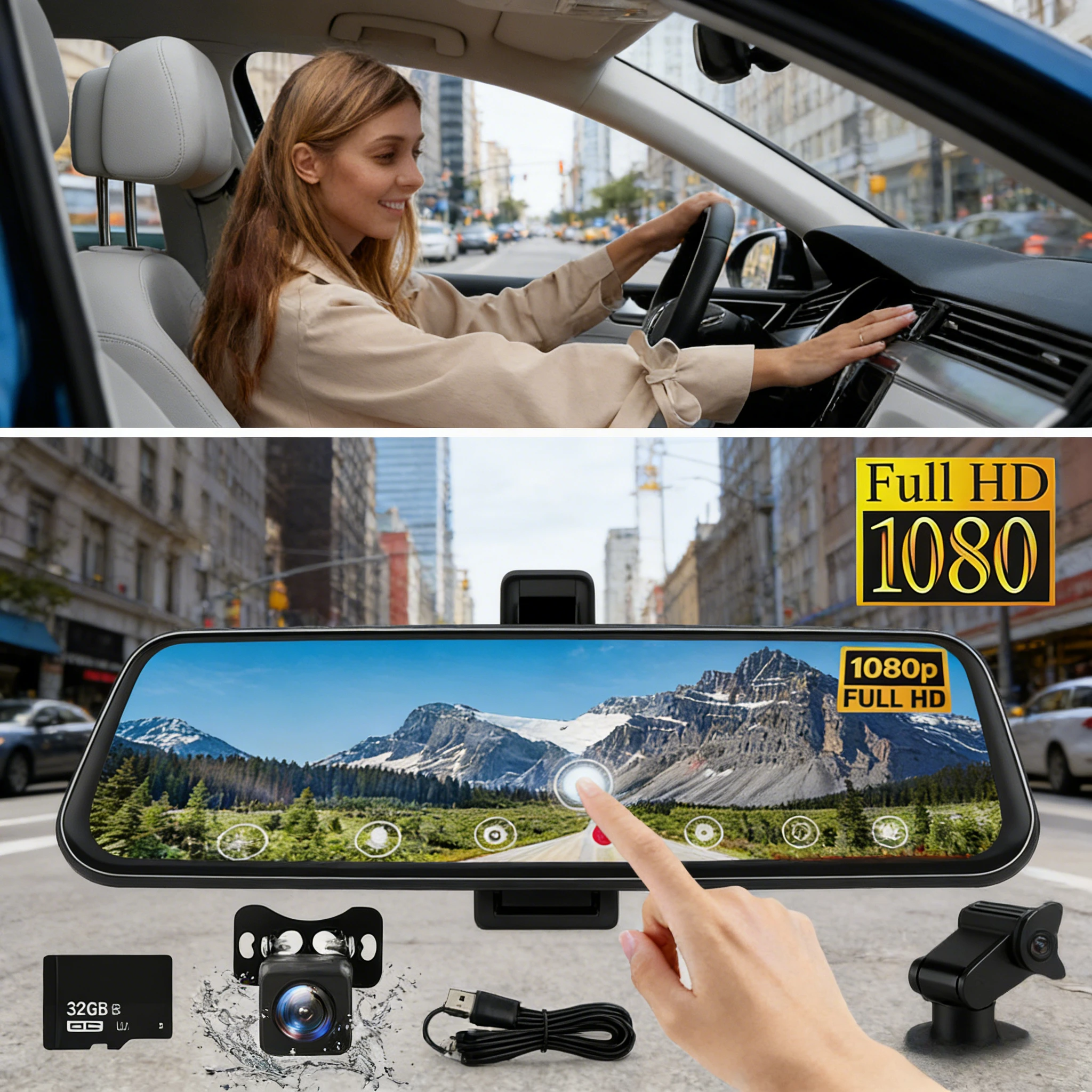 10 Inch Mirror Dash Cam 1080P Dual Lens Front Rear Waterproof Backup Camera 32G Card 140° Wide Angle IPS Touch Screen for Cars