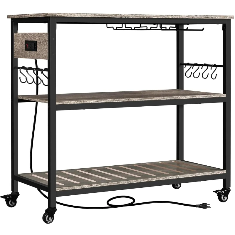 Kitchen Island Cart with Power Outlet, Kitchen Carts on Wheels with Storage, 3-Tier Microwave Stand with Foodpads
