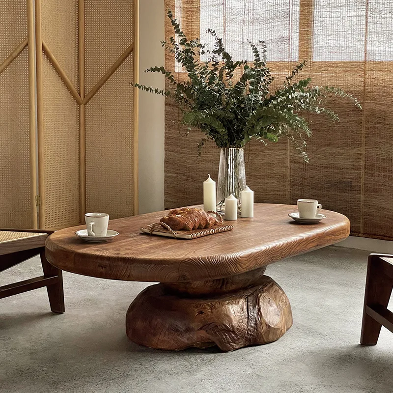 

Solid Wood Oval Coffee Table: Compact Log Design for Small Space Living Rooms & Cozy Homes