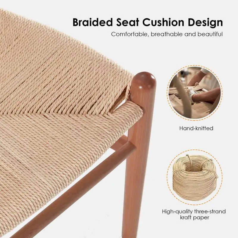 مقاعد بار ذات ارتفاع منسوج، كراسي بار الروطان المجمعة بالكامل لجزيرة المطبخ، قطعة واحدة، لمسة نهائية من خشب الجوز