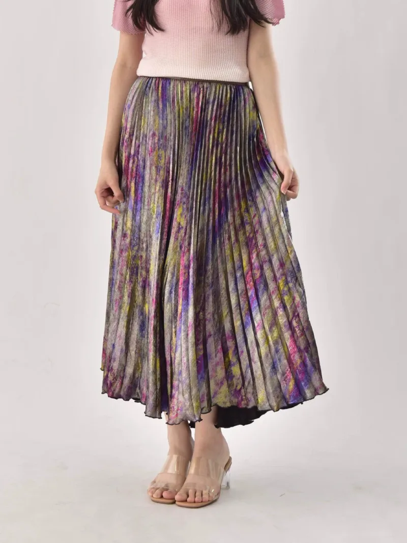 

Shiny Colorful Luxury High Waist Midi Skirt 2025 Spring/Summer Fashion Trends Elastic Waistband Pleated Skirt Old Money Style M9