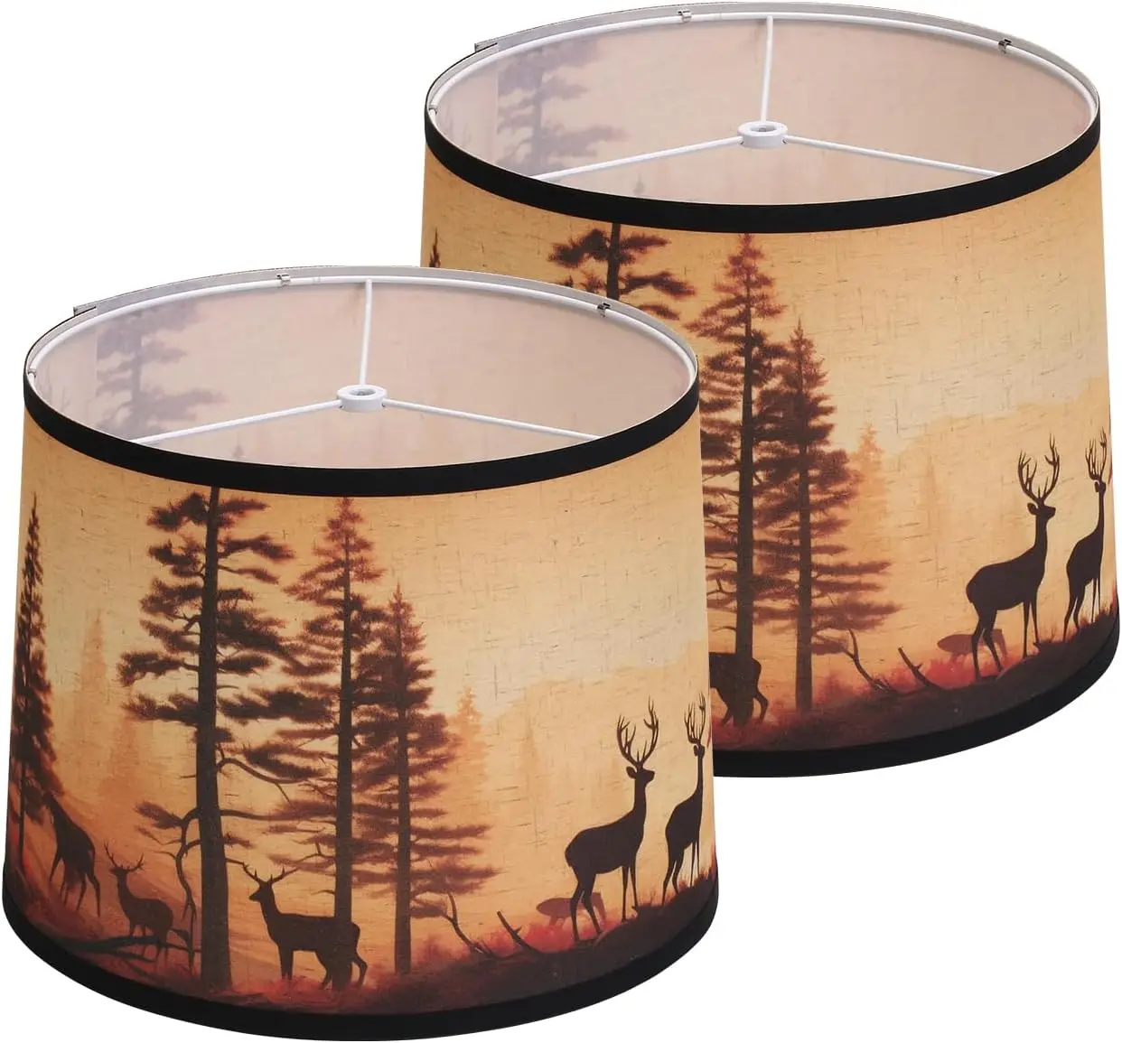 

Rustic Deer Printed Large Drum Lamp Shades Set of 2. Easy Assembly.11.4"x13"x10" Barrel Brown Lamp Shade For Cabin Lodge