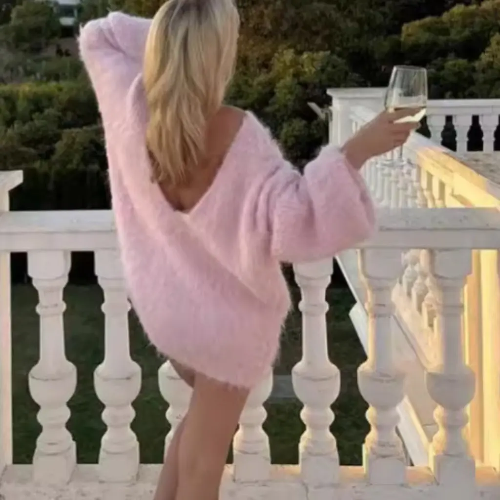 

Сексуальный вязаный свитер с глубоким v-образным вырезом и открытой спиной для женщин, свободный свитер средней длины, осенний европейско-американский стиль, популярные девушки