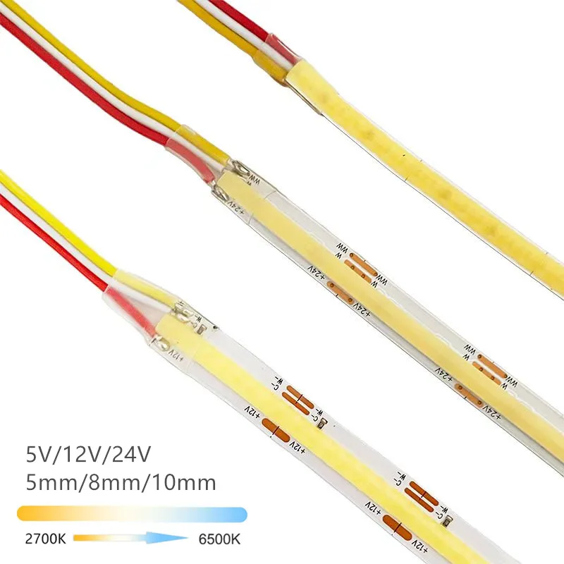 5V 12V 24V CCT COB LED Strip 2700K to 6500K Color-Changing LED Tape Dimmable Bicolor Ribbon Double Color Linear Light Ra90 3wire