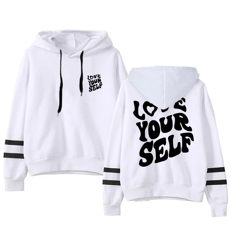 Offres spéciales sweats à capuche femmes sweats Love Yourself imprimer polyvalent rayure pulls Jogging sport vêtements décontracté femme sweats à capuche