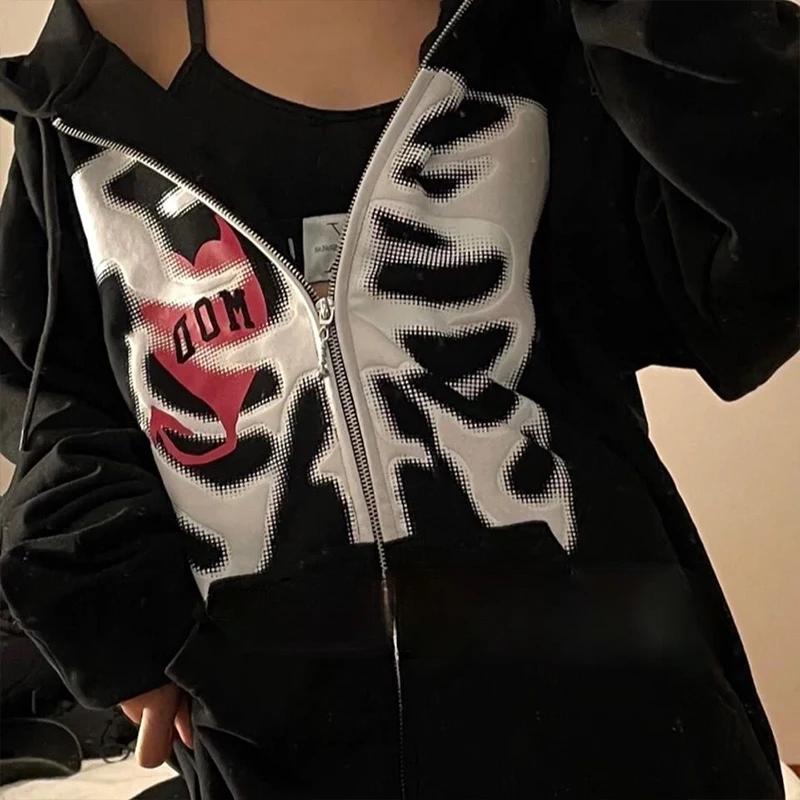 

Y2k Skeleton Print Zipper Hoodie Woman Korea Fashion Retro Loose Sports Hooded Jacket Women Men Long Sleeve Goth Punk Sweatshirt