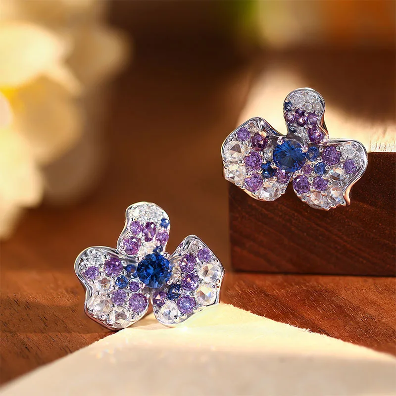 KEEP YES Flower Lab Grown Sapphire Stud Earrings for Women Sparkling Simulated Party Earrings Fine Jewelry 925 Sterling Silver