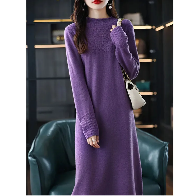 2024 Autumn Winter Half high colla Sweater Dress Women's Elastic Long sleeved Soft Wool Bottoming Shirts Female Long Sweaters