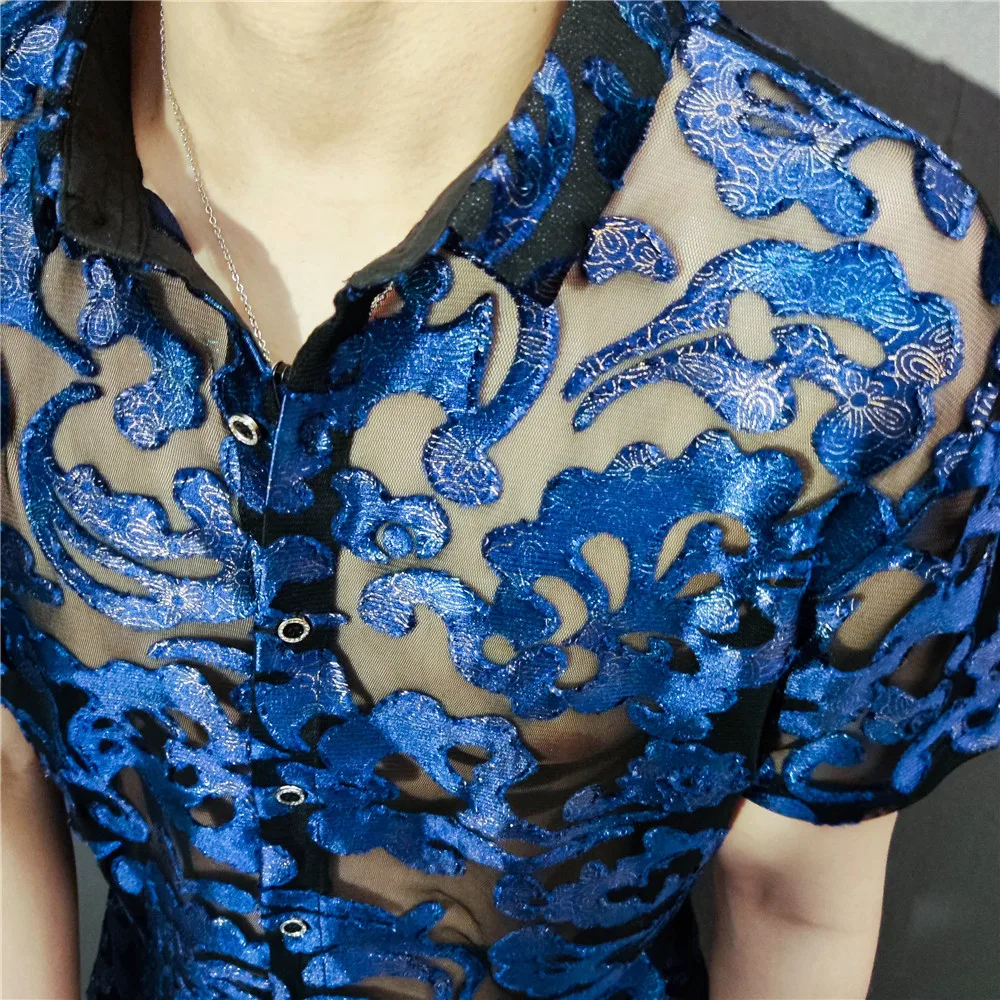 Luxe Blue Gold Gradient Transparent Shirt 2022 Summer Short Sleeve Shirt Flowers Shirt See Through Sexy Shirt Men Chemise Homme