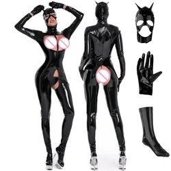 Sexy Hot Cat Woman PVC Faux Leather Catsuit Wetlook Latex Bodysuit Crotchless Clubwear Back Zipper Open Crotch Stretch Jumpsuits