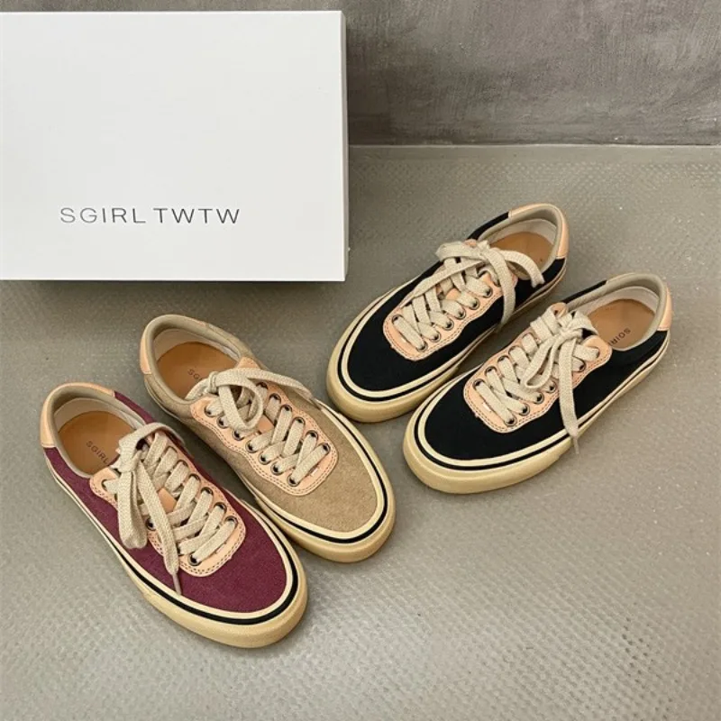 

Color-polished Washed Canvas Vulcanized Shoes 2025 New Japanese Versatile Retro Casual Board Sneakers Women's Lace-up
