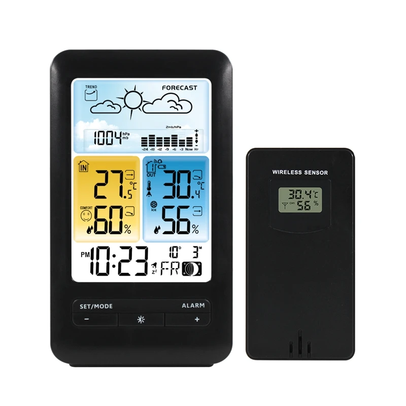 Wireless Table Weather Station Color LCD Digital Temperature Humidity Monitor Moon Phase Barometer Forecast Sensor Alarm Clock