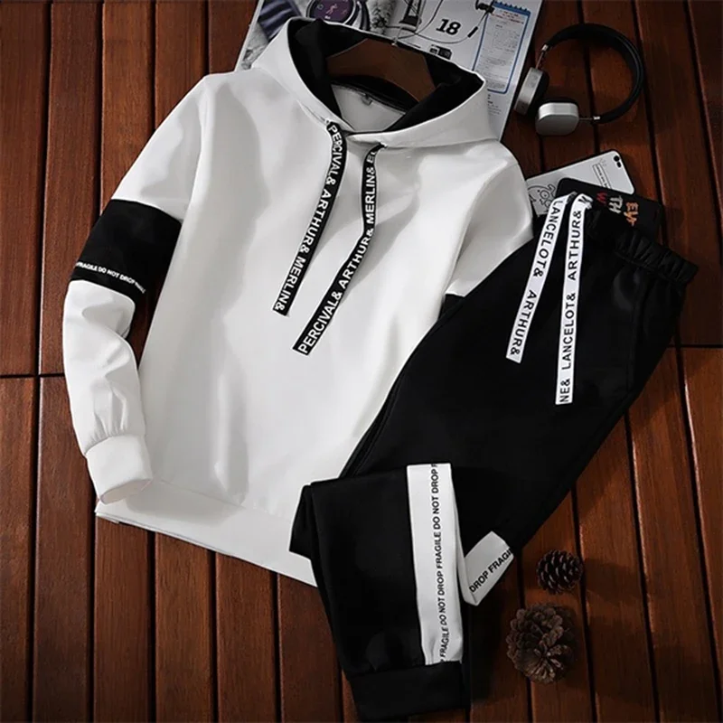 Chándal cálido para hombre, Conjunto de sudadera de 2 piezas con capucha y pantalones de chándal, Top blanco y negro de alta calidad, ropa informal