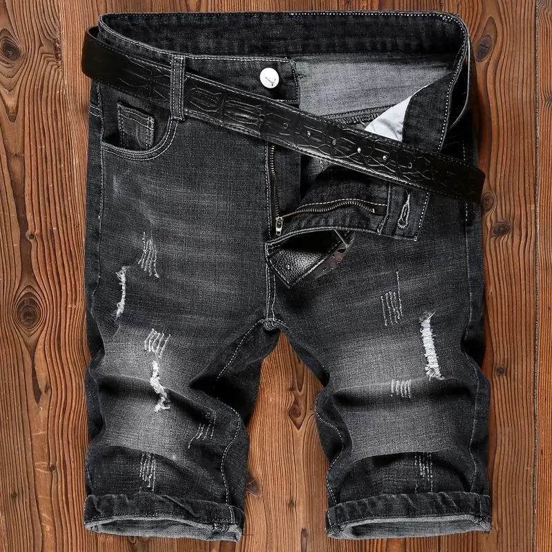 

Men's Short Jeans Pants Ripped with Pockets Long Skinny Bermuda Half Male Denim Shorts Slim Distressed Buttons Thin Original Emo