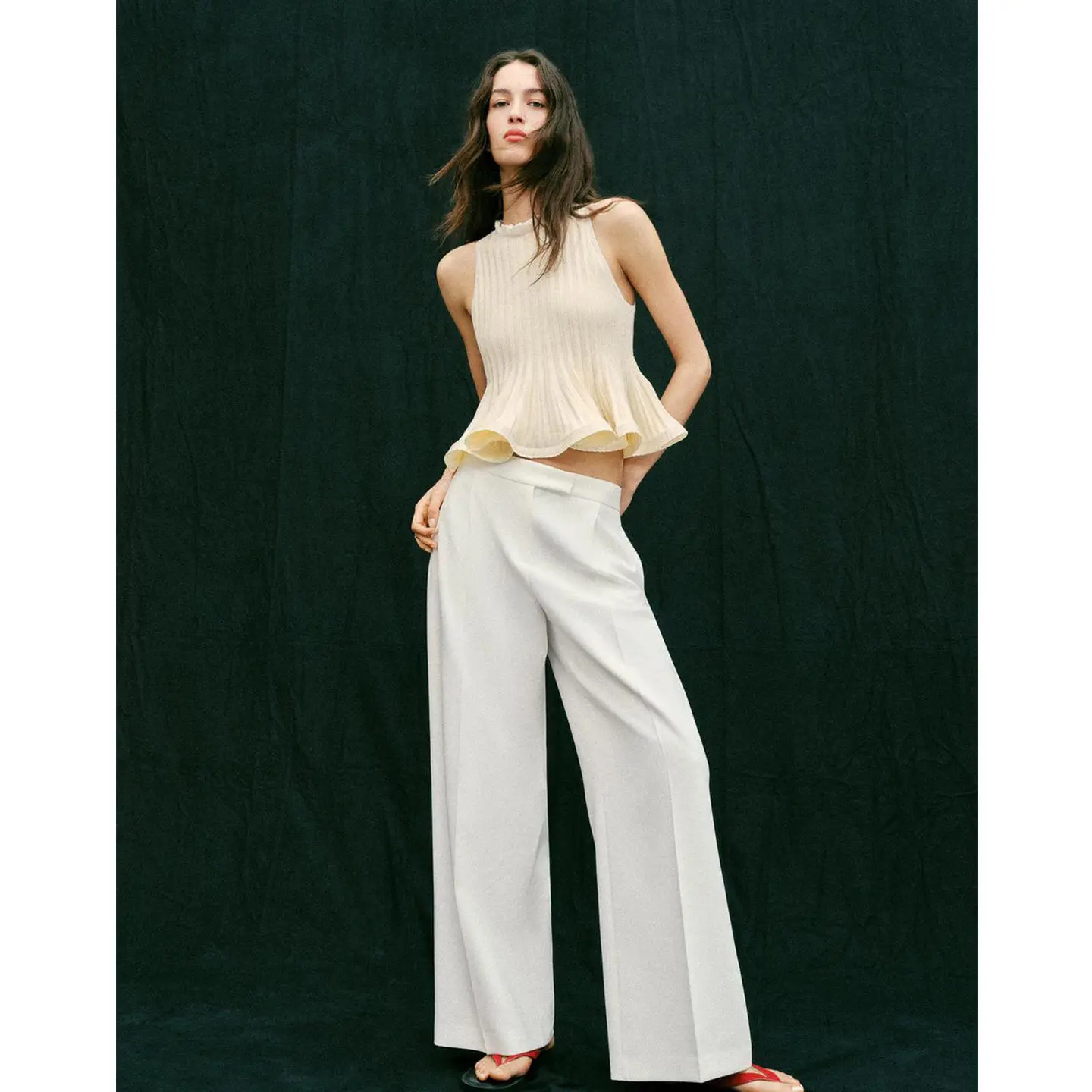 Spring New Women's Casual Style Sleeveless Ribbed Knitted Nine-Point  Skirt Top Loose Fit round Neck Polyester Fiber