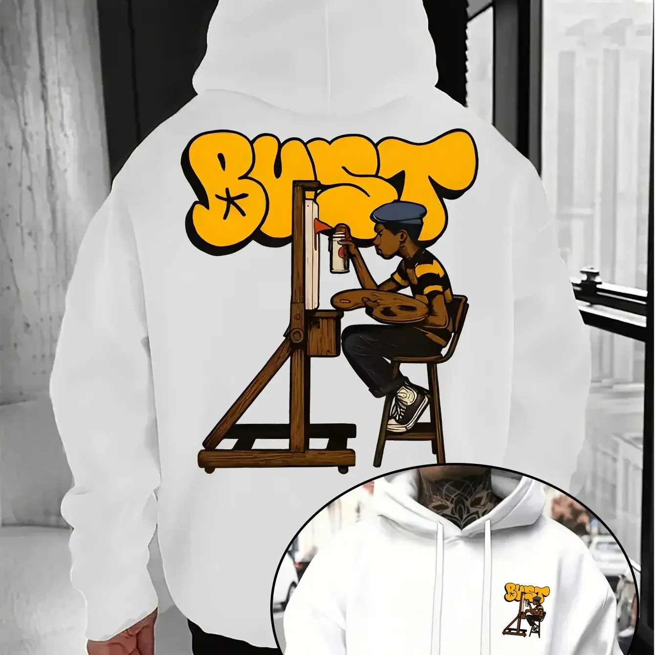 Men Street‑art Painter Spray Paint Graffiti Dual‑Sided Print Hoodie Chest Small Logo Back Graphic Casual Pullover Sweatshirt