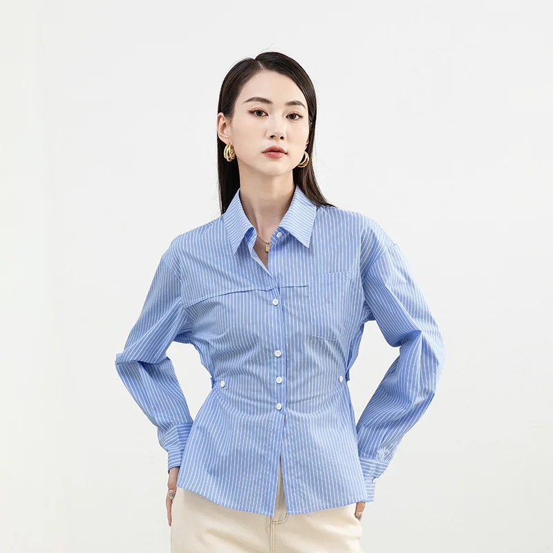 

Casual Stripe Waist-Cinching Long Sve Women's irt Spring New Sle Inner Wear Base Layer Top Small Size Friendly