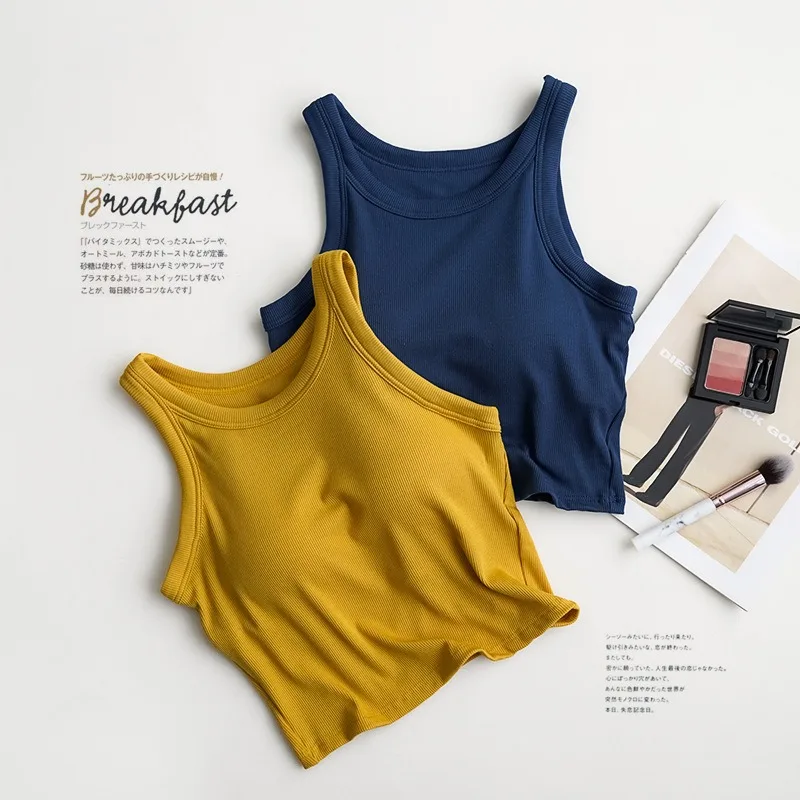 2023 Summer Women Tank Top Sports Vest Simple Elastic Ladies Sexy Short Sleeveless Sling Camisoles With Chest Pad