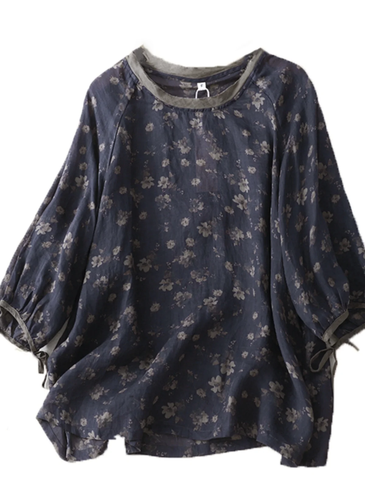 

Loose Cotton Linen irt Women's Floral Print Lantern Sve ort Sve Button up Thin Top Comfortable Retro Sle round Ne