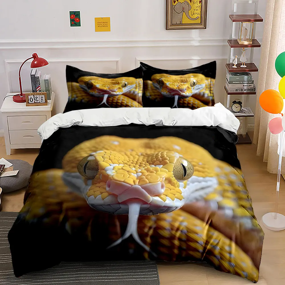 Close-up of yellow snake Duvet Cover Set with 3D Printing Design Soft Polyester Bedding Set All-Season Comfort Machine Washable