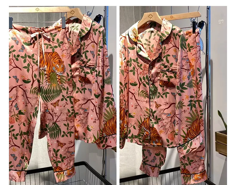 2024 New Jungle Tiger Imitation Silk Luxury Pajamas Set Women Pink Long Sleeved Trousers 2Pieces Sleepwear Female Chic Home Suit